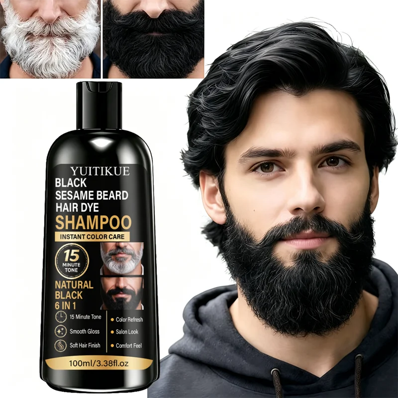 YUITIKUE Natural Black Hair Beard Dye Shampoo for Men 15 Min Tone Smooth Gloss Salon Look Gentle Plant Formula