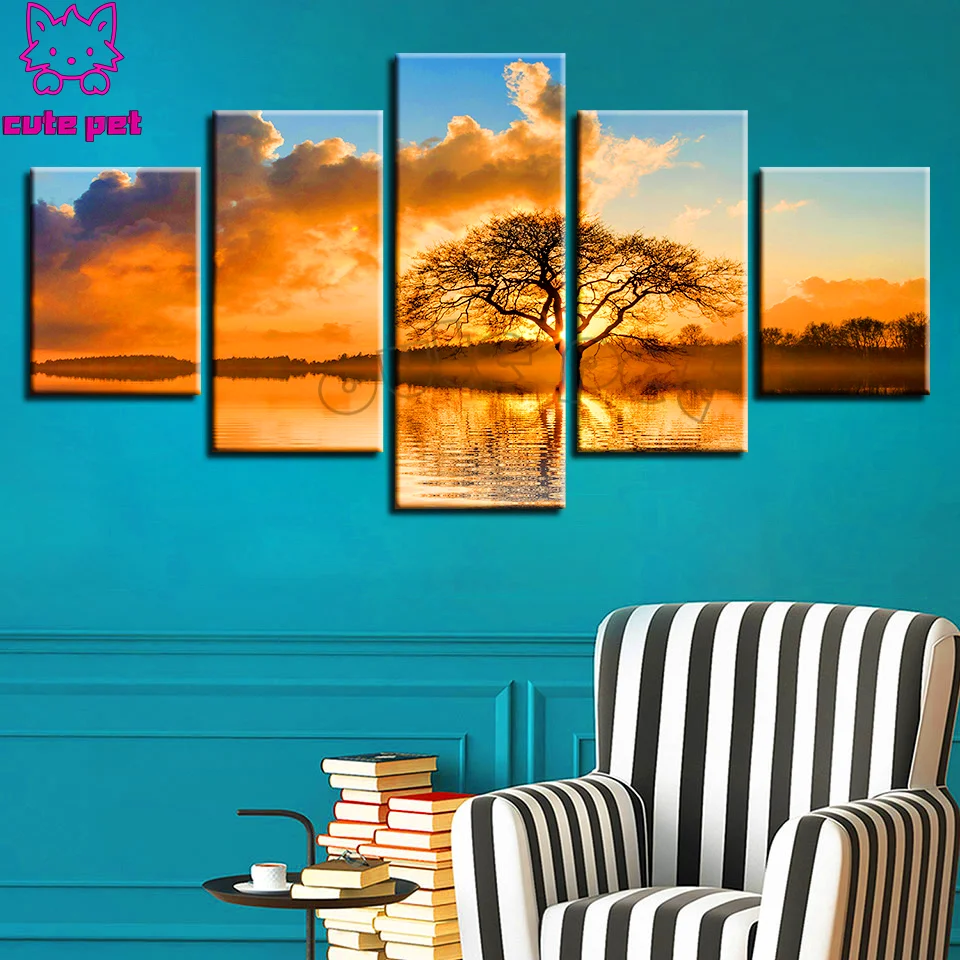 5 Panel Sunset Lake Tree Diamond Painting new art diamond mosaic diamond embroidery Landscape Full square round painting decor