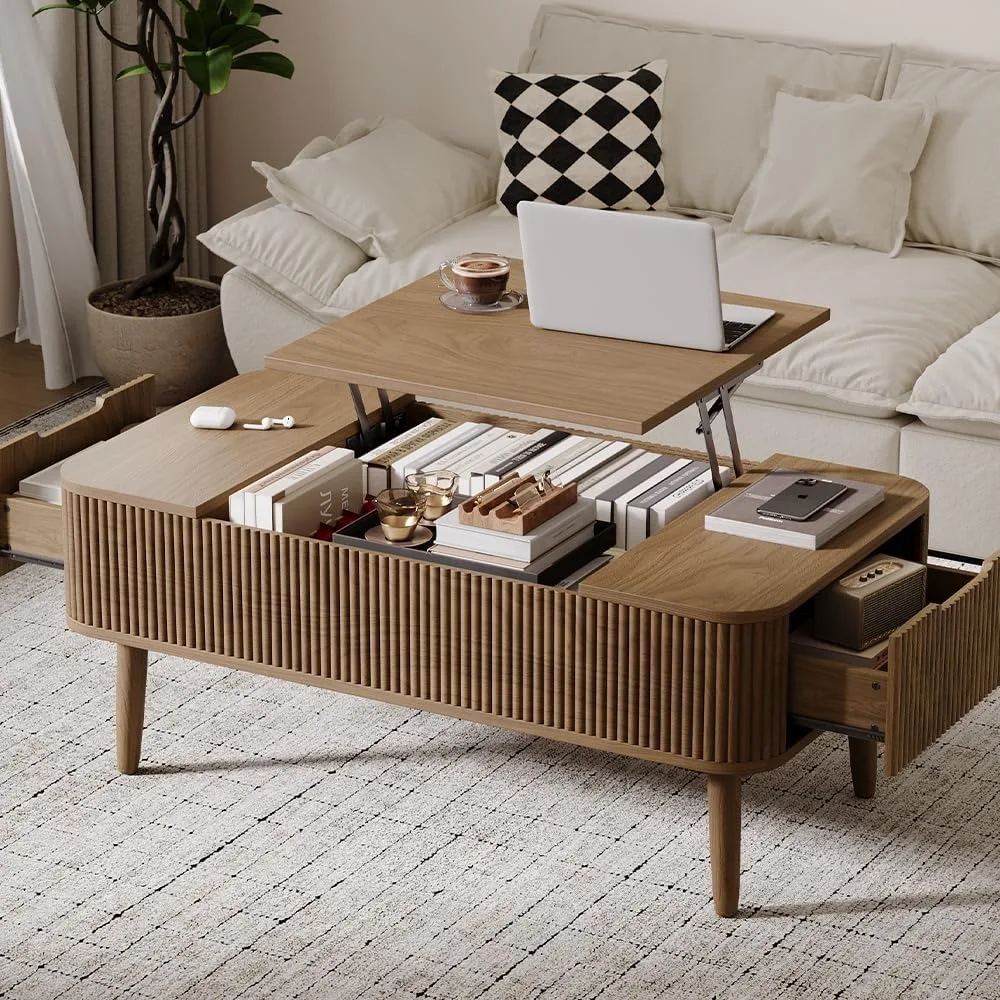 

47.2 Fluted Lift Top Coffee Table with Hidden Compartment, Modern Rectangle Center Tables with 2 Drawers, Farmhouse Coffee Table
