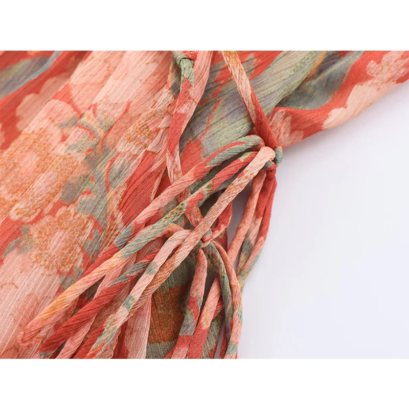 YENKYE 신상 여성 빈티지 퍼프 소매 V넥 플로럴 프린트 숏 드레스 레이스업 허리 A라인 가을 캐주얼 드레스 쉬폰 베스티도스