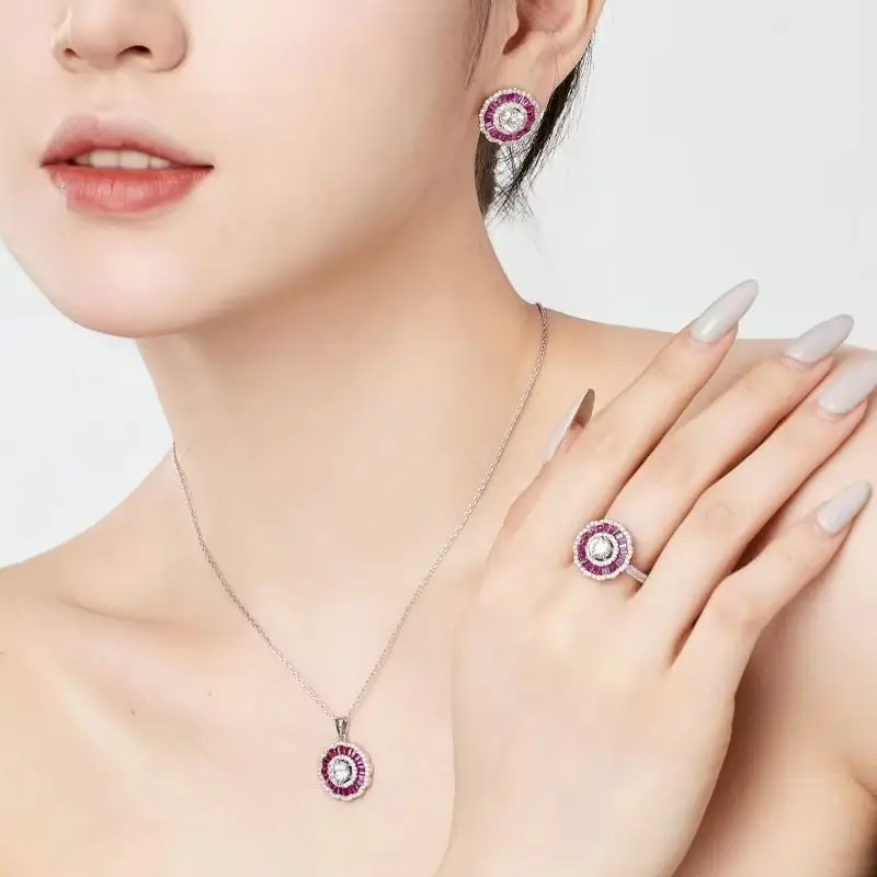 Real S925 Sterling Silver Pancake Jewelry Set Women T Flower Necklace Earrings Rings Female Luxury Jewelry Shiny 5A Zircon Girl