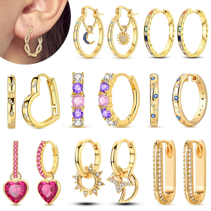 925 Sterling Silber Creolen Goldener Stern Mond Herz Runde U-Form Tropfen-Ohrringe Pendientes für Damen Feiner Schmuck Geschenk