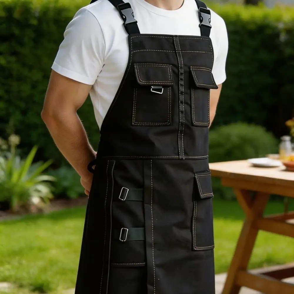 Waterproof Apron Canvas Denim Kitchen Bib Chef Serving Cleaning Workwear With Split Hem Multi Pockets For Barista Cooking