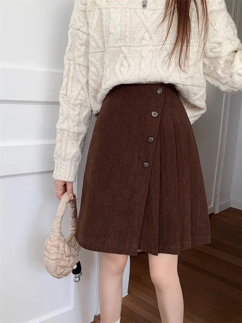 Skirts Knee-Length Women Pure Temperament Corduroy Stylish Casual A-Line Slim Femme Design Chic Soft Mujer