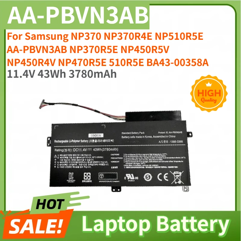 

AA-PBVN3AB High Quality Laptop Battery 11.4V 43Wh 3780mAh for Samsung NP510R5E NP370R5E NP370 NP370R4E NP450R5V NP450R4V