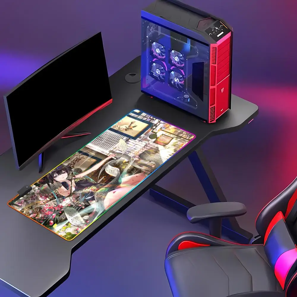 Kisaki hentai Blue Archive Game Mouse Pad Animation Games RGB HD Gamer Large LED Light XXL PC Computer pad Non-slip Decor