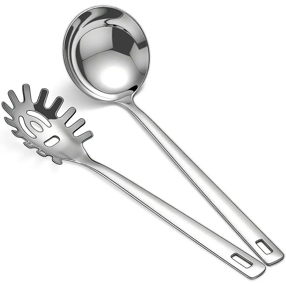2-Piece Stainless Steel Ladle and Spaghetti Spoon Set, Ideal for Stirring, Serving Pasta, Soup, and Sauce, Dishwasher Safe