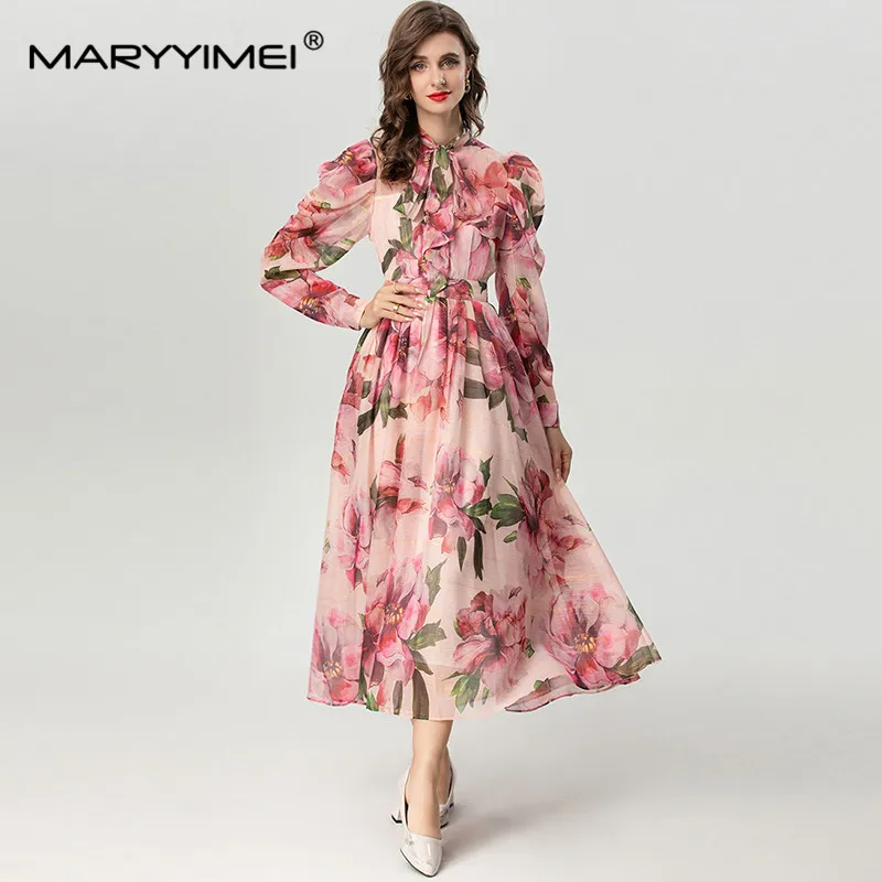 MARYYIMEI Autumn and Winter Women\'s Dress Long Sleeved Single-Breasted Pleated Splicing Print Bohemian Holiday Dresses