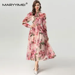 MARYYIMEI Autumn and Winter Women's Dress Long Sleeved Single-Breasted Pleated Splicing Print Bohemian Holiday Dresses