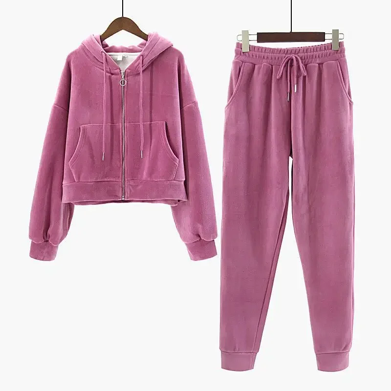 Women Velvet Tracksuit Zipper Hooded Sweatshirt and Sweatpants Solid Color 2 Piece Set Autumn Winter Warm Casual Female Suit