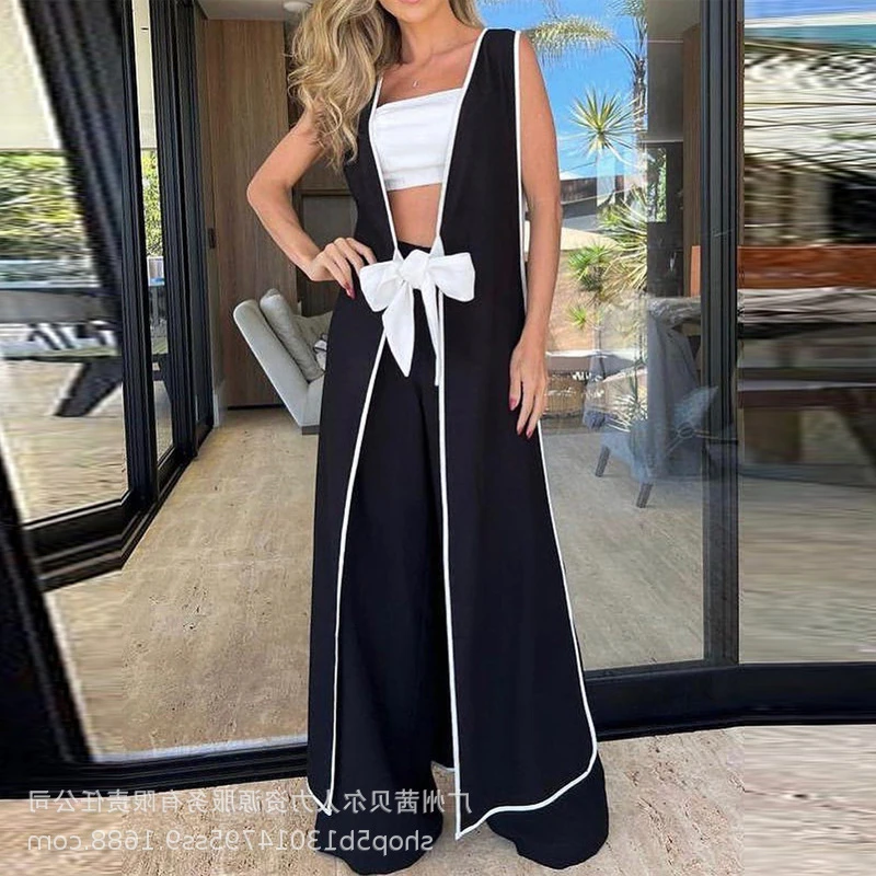 2024 Spring Summer New Women\'s Sleeveless Waist Strap Color Matching Long Cardigan Casual Wide Leg Pants Suit