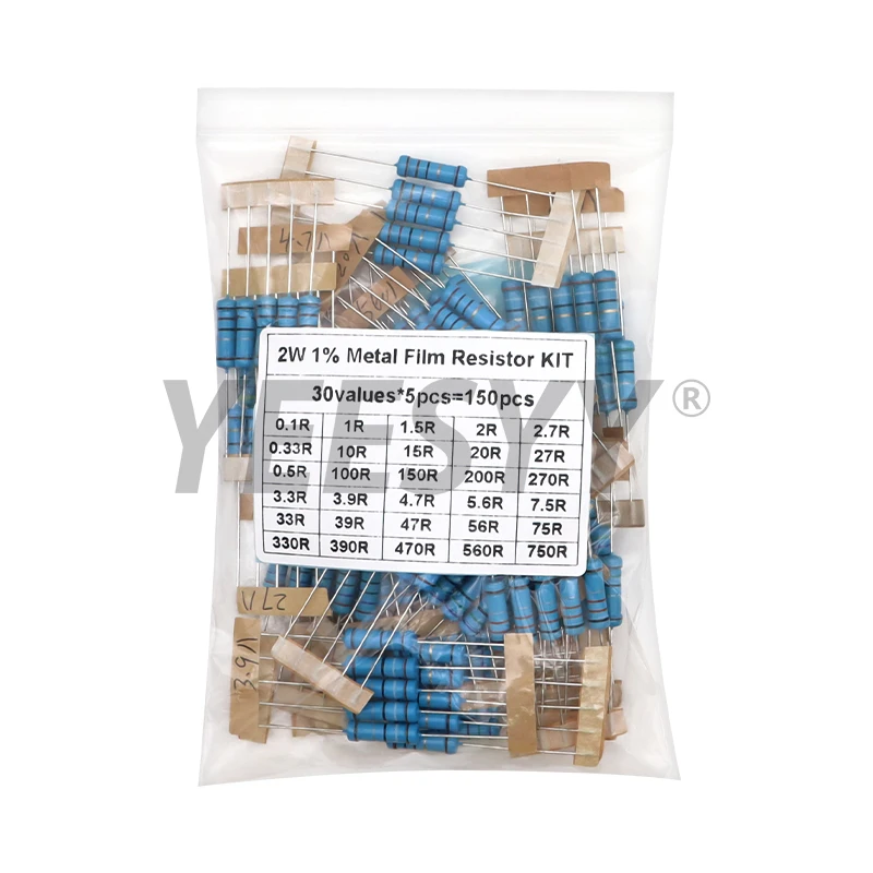 150PCS 300PCS 1/2W 1W 2W 3W Resistance 1% Metal Film Resistor Assortment Kit Set 30values 1R~750R 1K~820K Ohm
