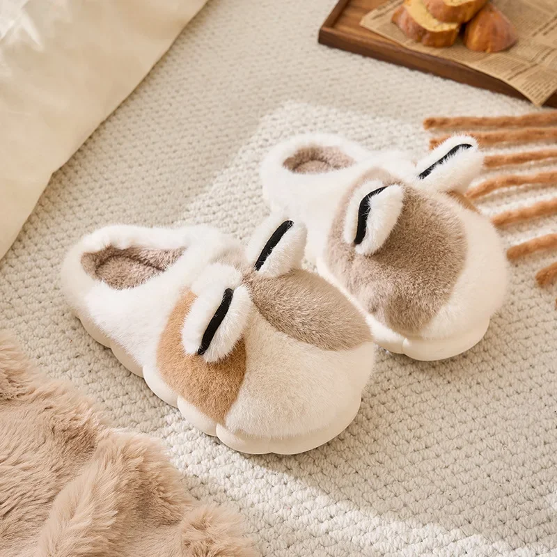 

Women Winter Home Plush Upper Shoe Men Cartoon Comfortable Warm Indoor Wool Slippers Animal Ears Soft Soled Warm Cotton Slippers
