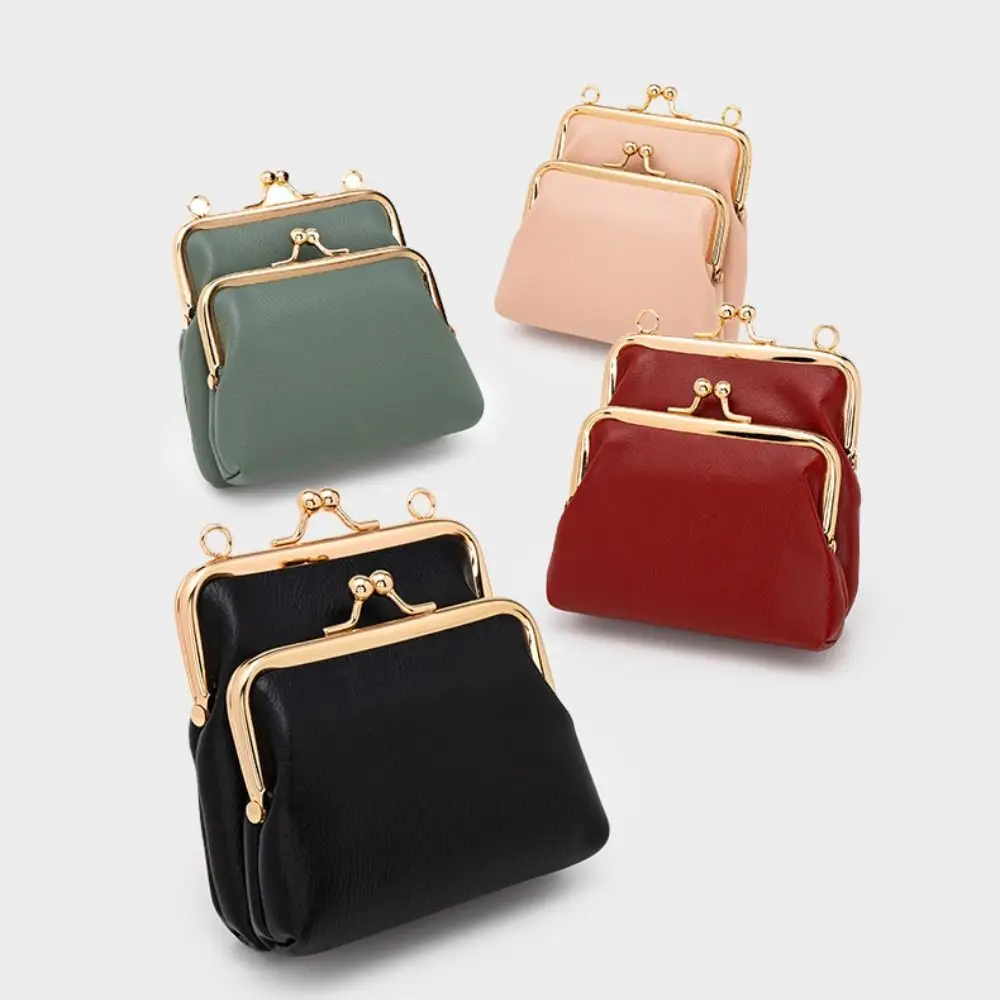 Vintage Double Layer Mini Crossbody Bag Pearl Chain Detachable Strap Kiss Lock Purse Clip Frame PU Leather Small Purse For Women