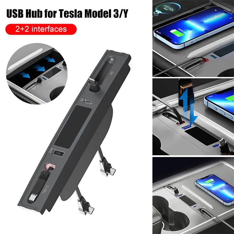 

For Tesla Model 3/Y USB Hub 27W Fast Charger USB Docking Station with Cables