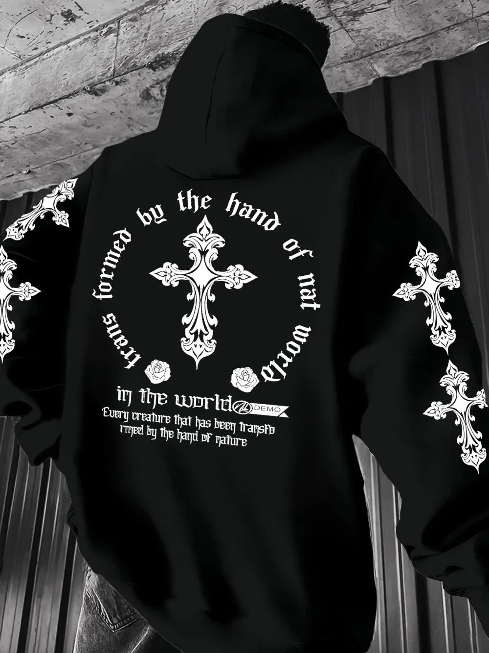American streetwear Y2K Gothic cross-print hoodedsweatshirt for bothmenandwomenlooseandoversizedretro distressed pullover hoodie