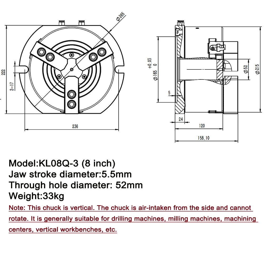 Hollow pneumatic chuck 8 Inch vertical 3 jaw air chuck suitable for drilling machine and milling machine platform