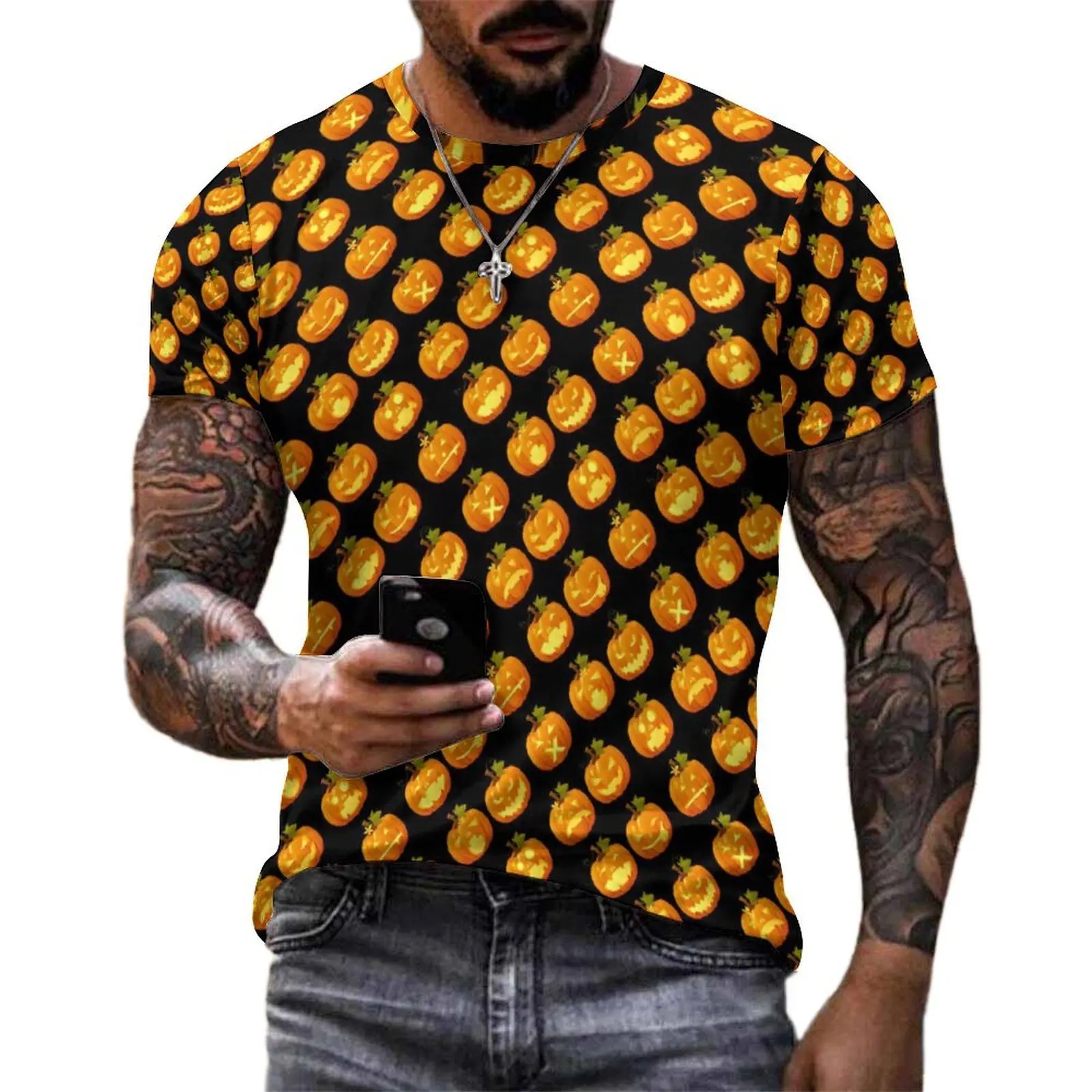 Plus Size T-Shirt Summer Spooky Pumpkin T Shirts Happy Halloween Awesome O-Neck Tshirt Man Trendy Pattern Tops