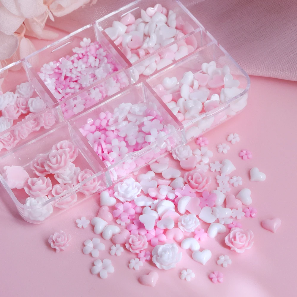 Romantic Camellia Flower Nail Art Charms Korean Manicure Decorations Pink White Flowers Love Heart Resin DIY Nails Accessories