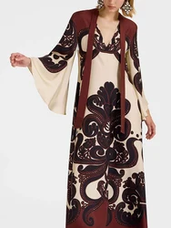 Autumn Women's Seven Sleeve Casual Style Polyester Material 2024 New Fashion V-neck Trumpet Sleeve High Waist Dress