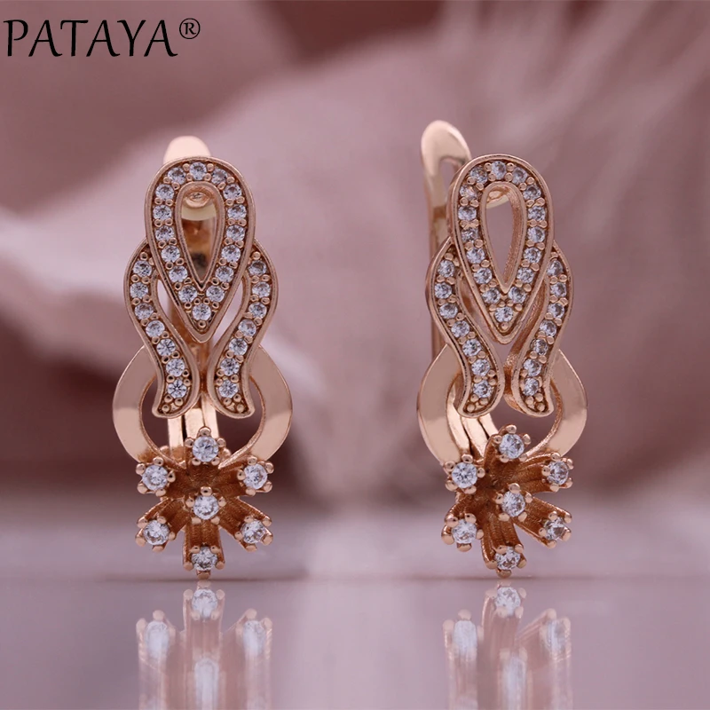 PATAYA Hot 585 Rose Gold Color Glossy Metal Long Earring for Women Shiny Natural Zircon Accessories Trend Daily Jewelry