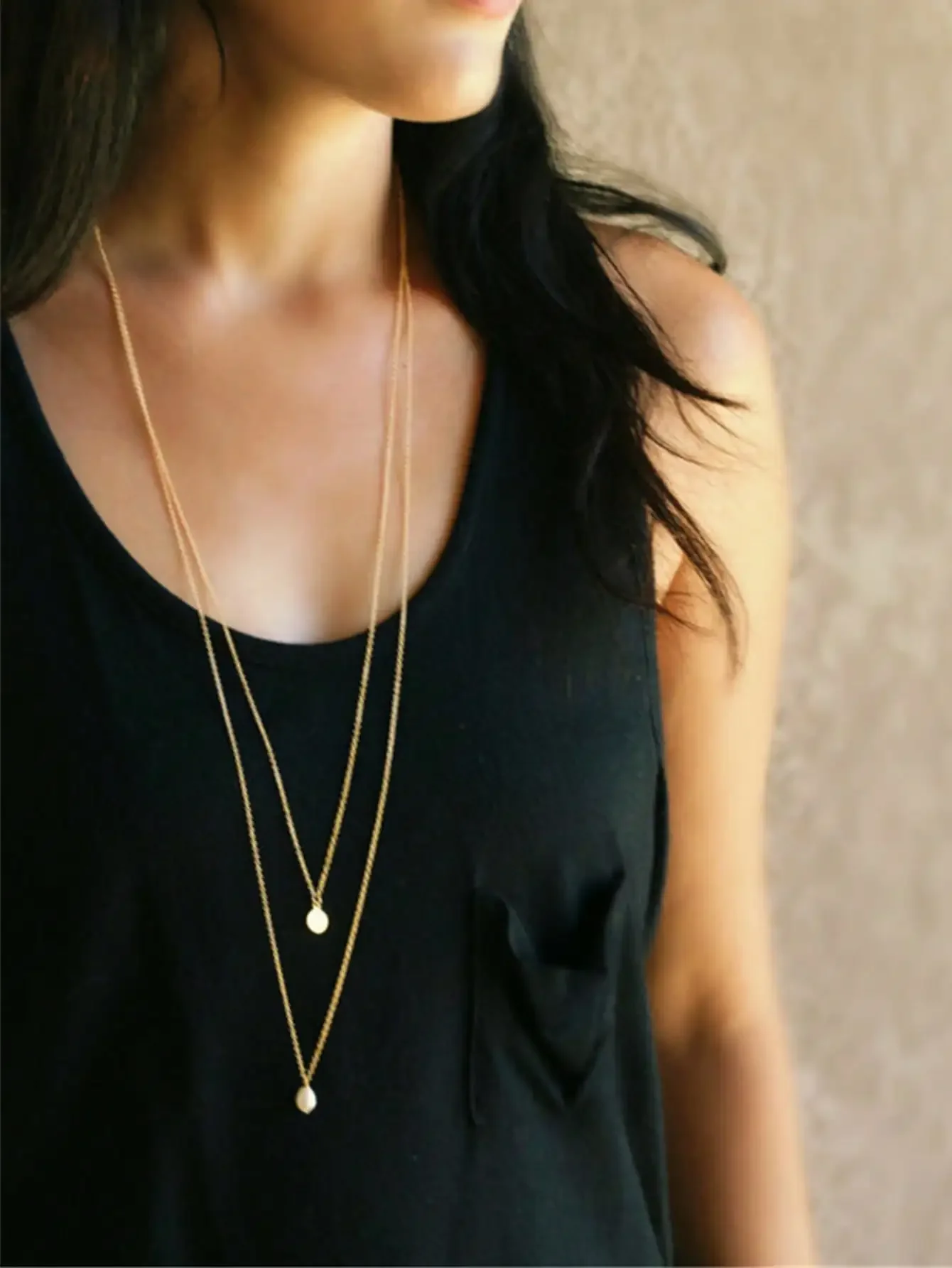 

Minimalist Gold Double-Layer Long Necklace with Round Pendant for Women