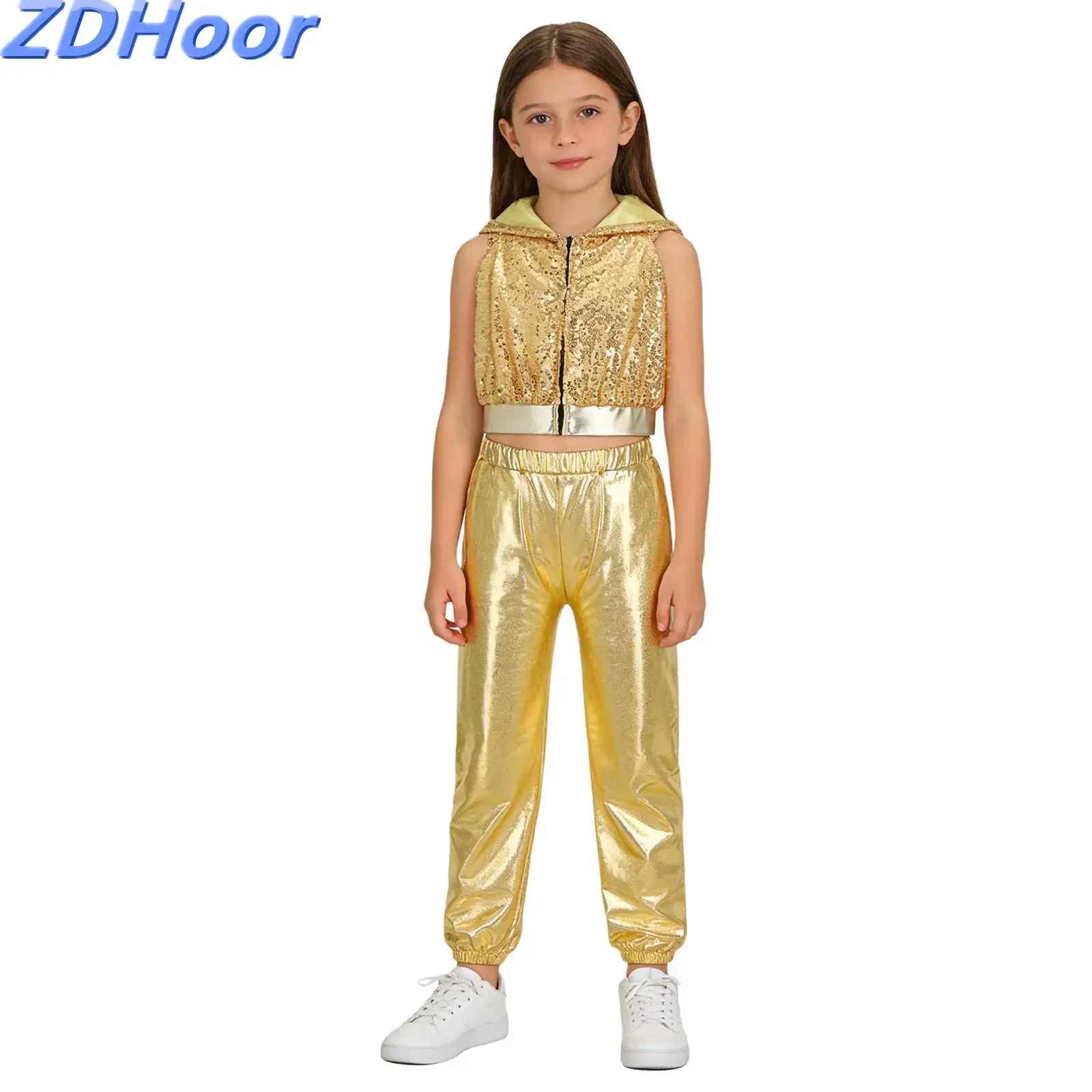 

Kids Girls Sparkling Sequins Dance Outfits Front Zipper Backless Hooded Crop Top with Elastic Waist Metallic Pants