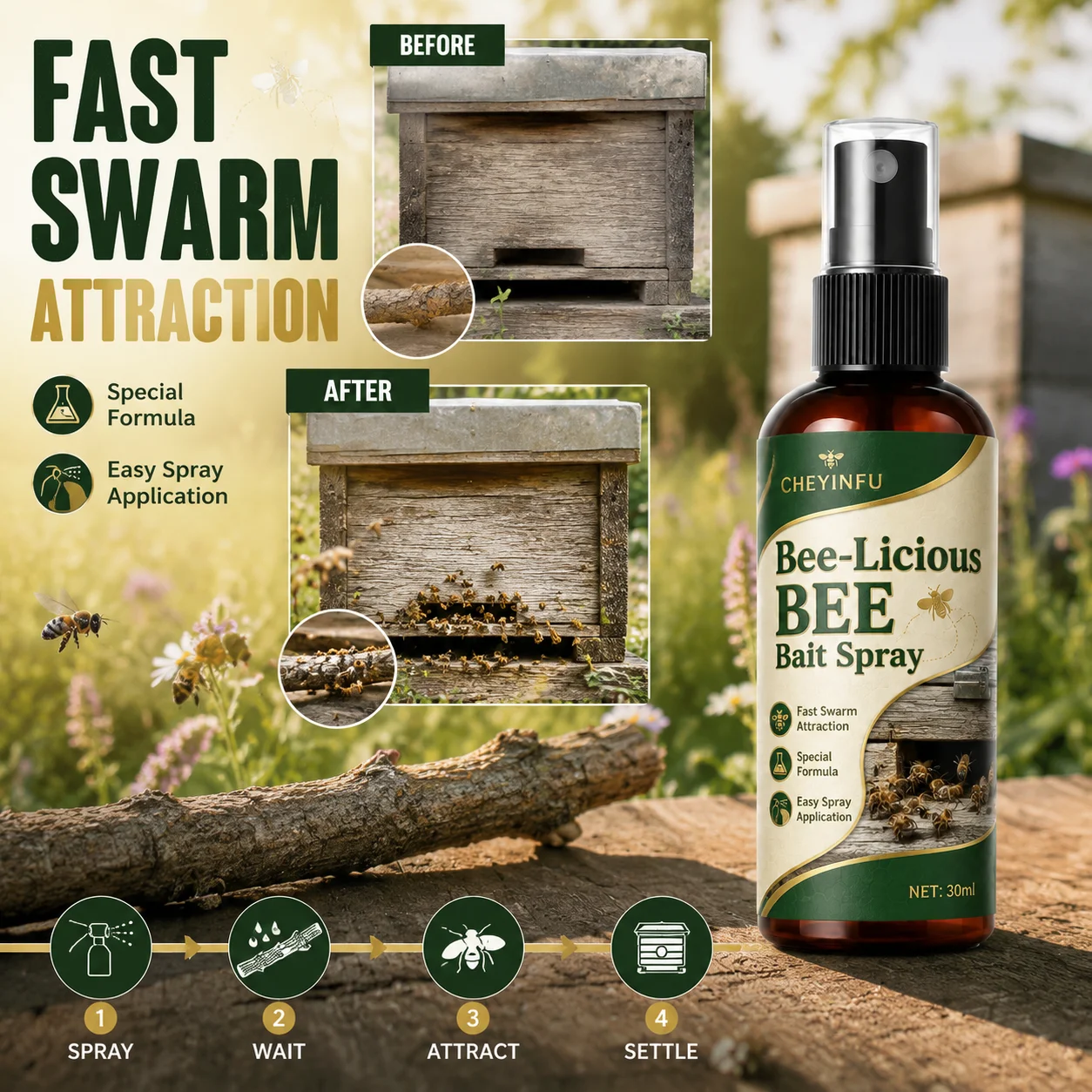 CHEYINFU Bee Bait Spray Easy Application Swarm Capture Liquid for Apiary 30ml