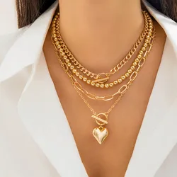 Lacteo Punk Multilayer Beaded Ball Chain Heart Pendant Choker for Women Necklace Collar Party Jewelry On The Neck Wedding Girls