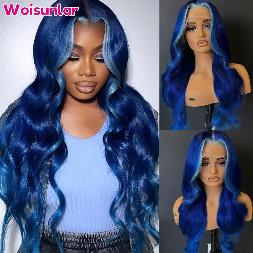 Ombre Blue human hair Wig Pre Plcuked 13x4 Transparent Lace Frontal Human Hair Wig Body wave For Black Women 180% Human Hair