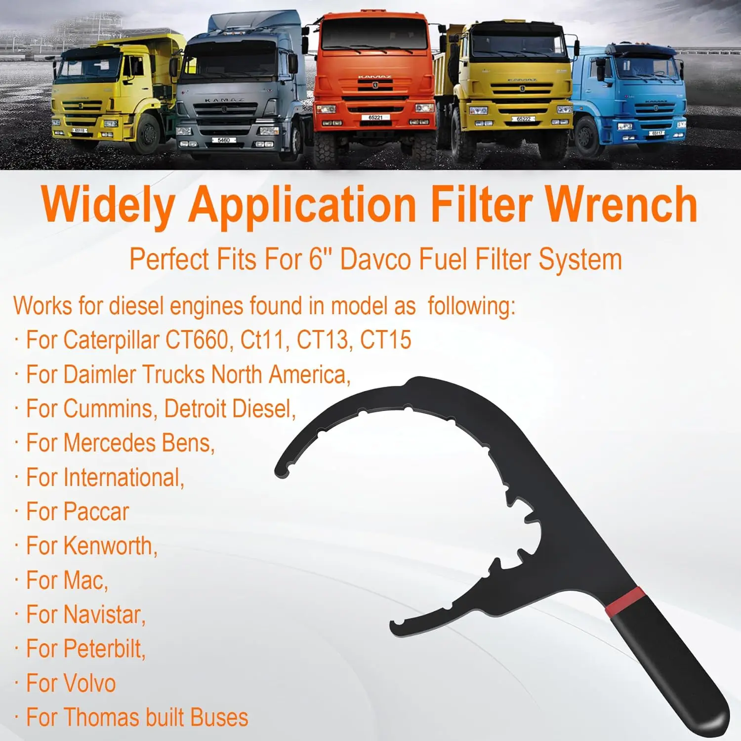 Klucz do filtra paliwa do silników wysokoprężnych Davco 4,6/5/6/8 cala, narzędzie do demontażu filtra paliwa do silników wysokoprężnych DD13, DD15, DD16