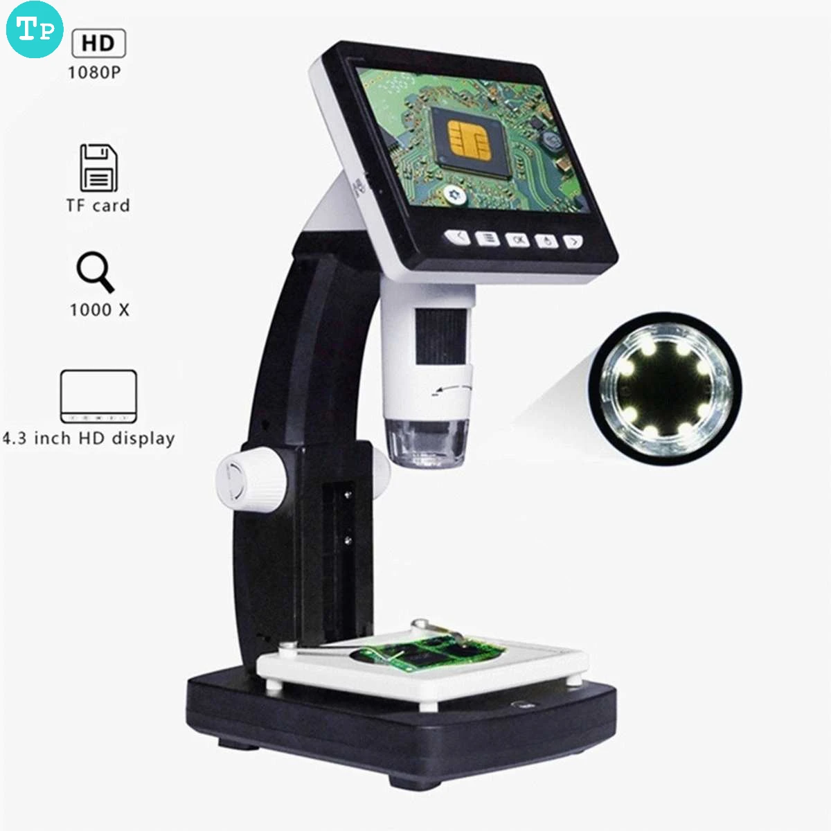 

Tp 1000X LED Digital Microscope 4.3 inches 1080P HD Coin Microscope Magnifier with Stand Soldering for Electronics PCB IC Repair