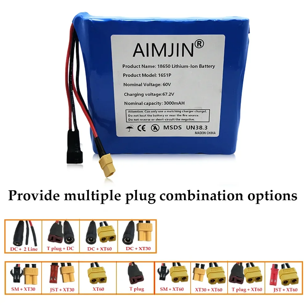 16S1P 60V 3.0Ah Battery Pack 18650 Lithium with BMS for Self-balancing Scooter Electric Unicycle 3000mAh Rechargeable Battery view 2