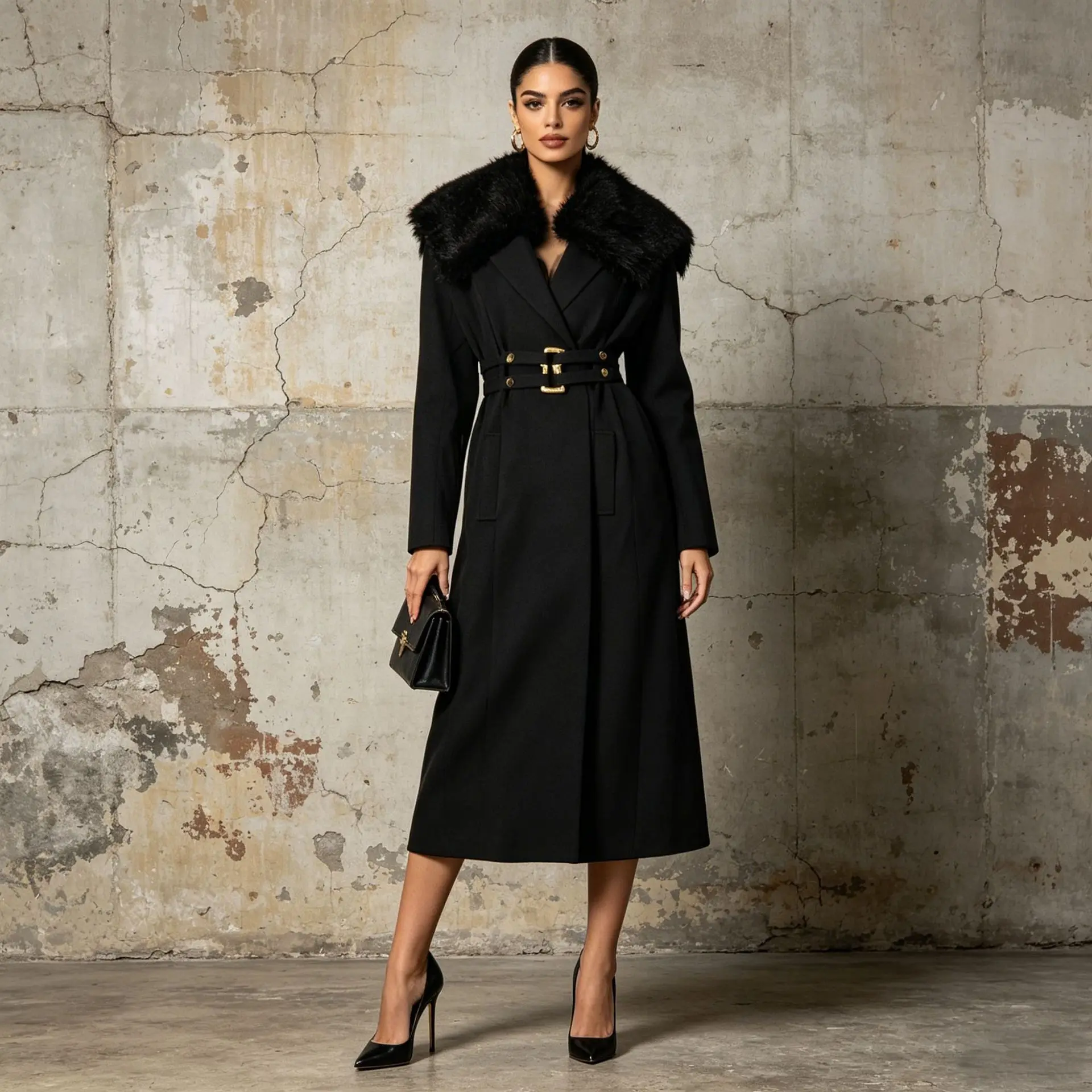 ZAMOR HIGH STREET Women European American Fashion Fur Collar Trench Coat 2026 New Metal Buckle Tie Waist Oversized Long Outerwea