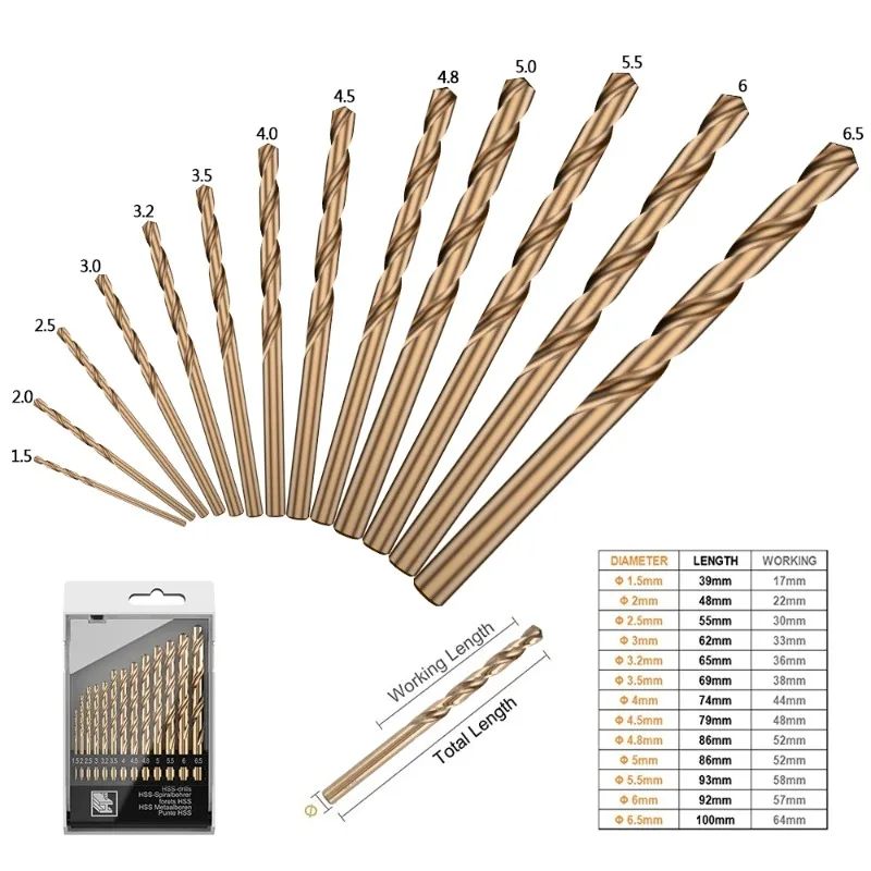 

BIESUO Twist Drill Bit Set M35 Cobalt Containing Professional Spiral Drill Bits in 13 Sizes HSS Auger Bit for Wood Plastic Metal