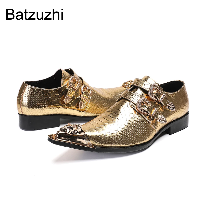 

Мужские кожаные модельные туфли Batzuzhi Golden, модные мужские туфли без шнуровки с острым железным носком для деловых, вечеринок и свадебных туфель!