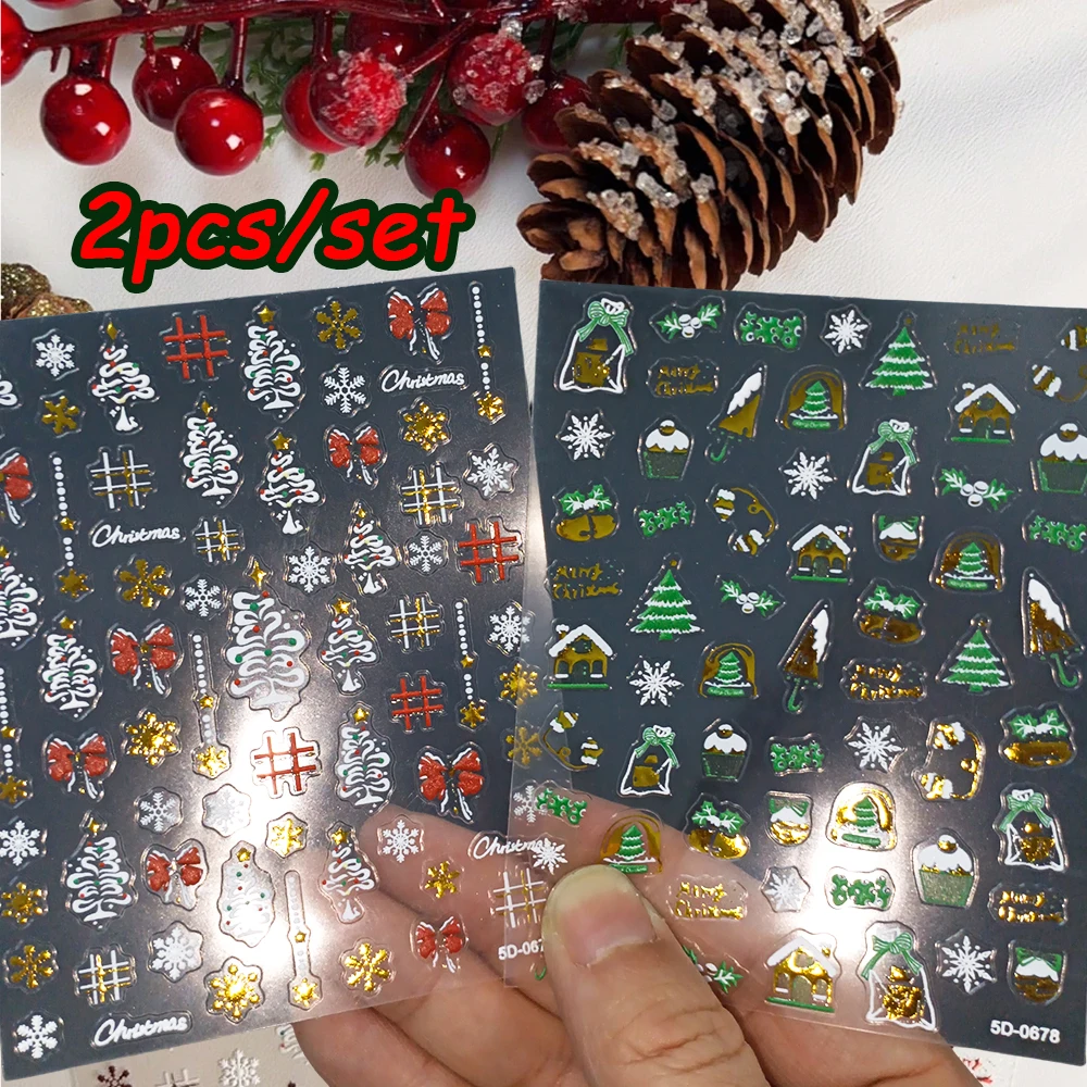 

2 шт./компл., нежная рождественская елка, 5D наклейки для ногтей, зеленые, красные с золотым тиснением снежинок, самоклеящиеся наклейки для ногтей на Новый год