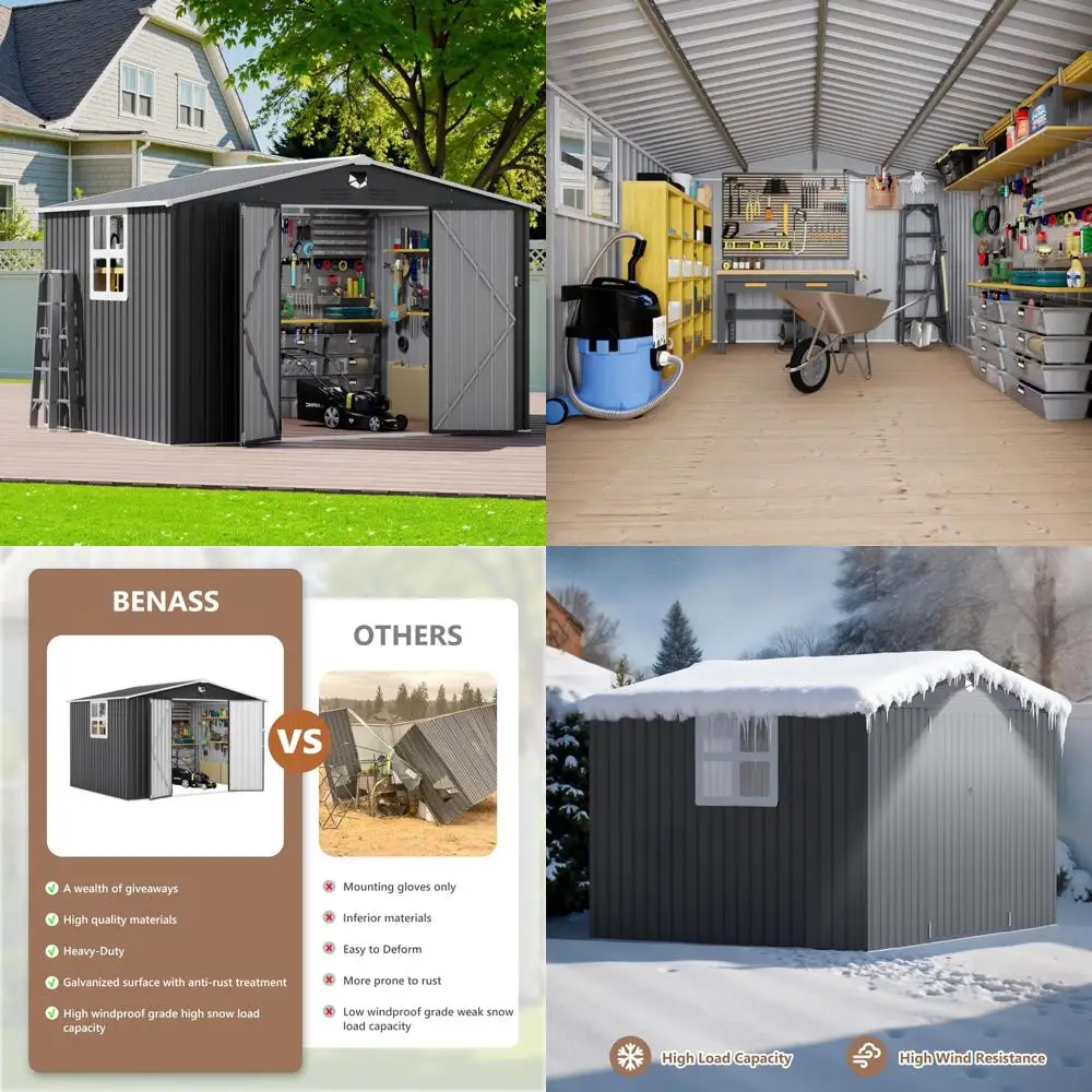 

Металлический навес для хранения на открытом воздухе 10x8 футов с запираемыми дверцами и прозрачным окном для садовых инструментов и водонепроницаемым внешним пространством