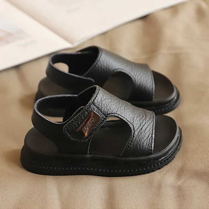 Boys Sandals Summer Children Soft Sole Non-slip Beach Shoe Black PU Leather Flat Sandals Fashion Comfortable Platform Kids Shoes