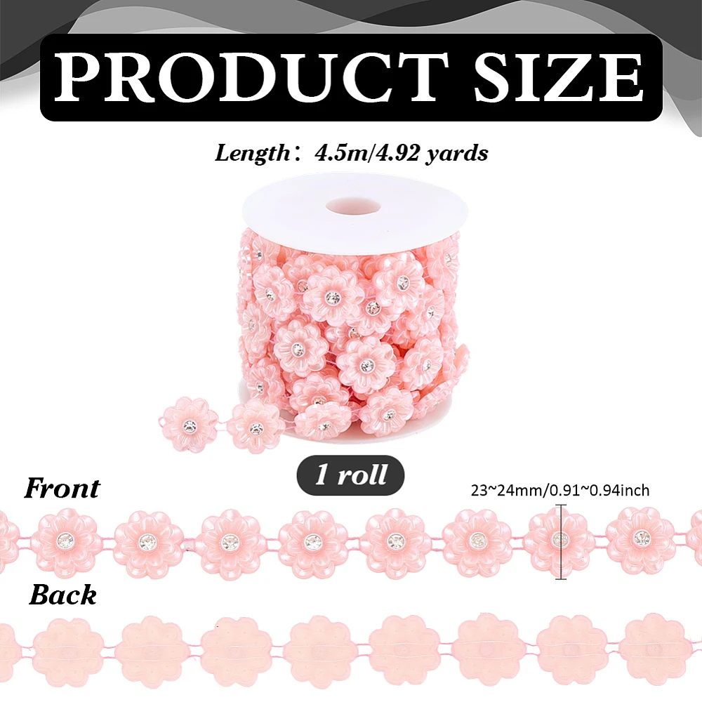 Flower Beaded Chain Trim Rhinestone Trimming 0.9inch Wide Pink Floral Beads Trim Applique Ribbon for DIY Crafts Decoration