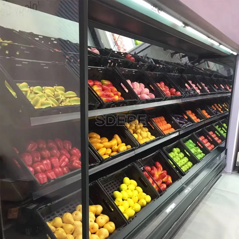 تخصيص مبرد الخضروات التجارية تستقيم سوبر ماركت ثلاجة مفتوحة عرض الفاكهة نظام الثلاجة