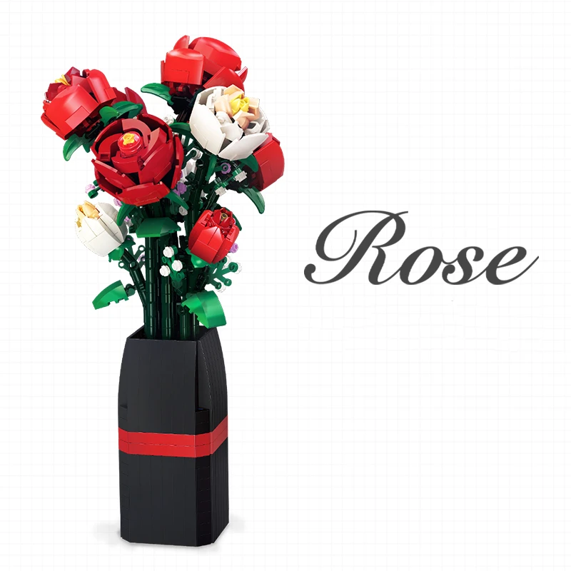 The Red White Rose Potted Plants Model Building Blocks JJ9010 818pcs Bouquets Vases Decorative Ornaments Kids Toys Children Gift