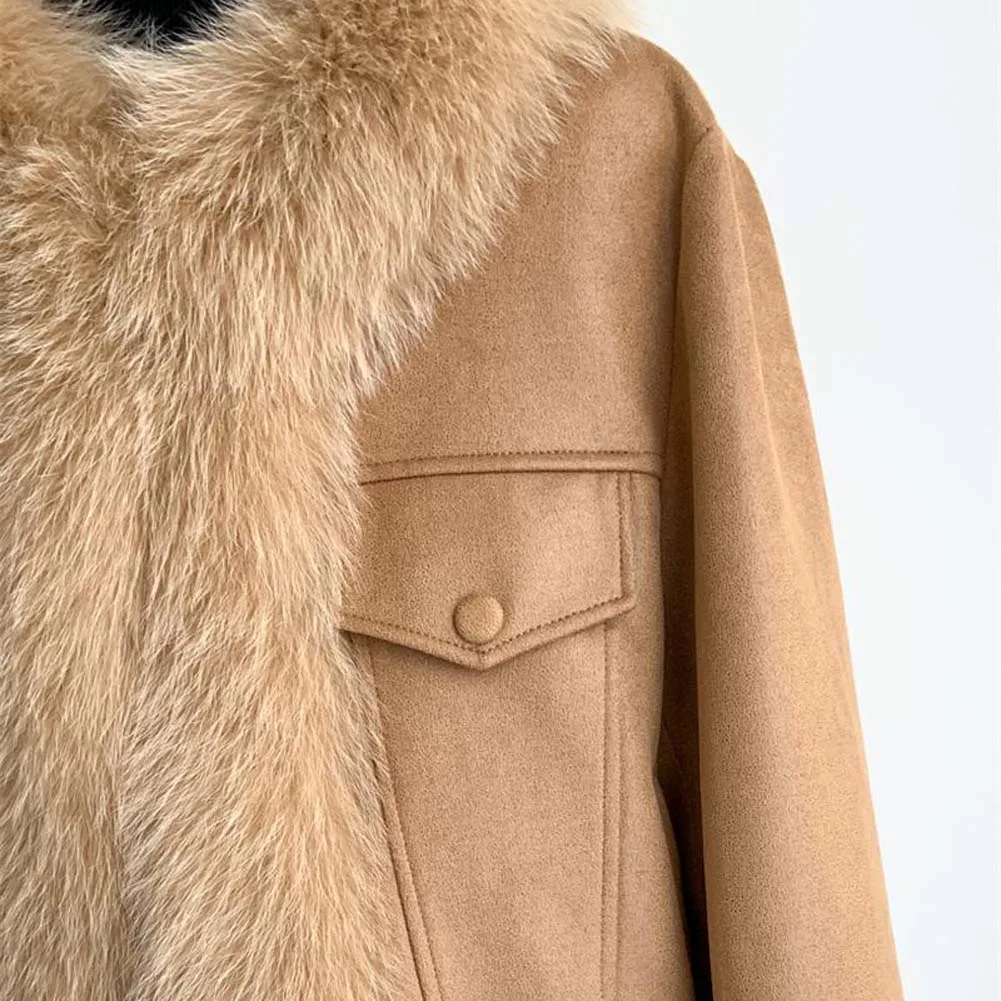 الرجعية الإناث طويلة الأكمام الثعلب الفراء سترة الخريف الشتاء السيدات موضة قصيرة أفخم أبلى 2025 المتقدمة المرأة المرقعة معطف الفرو