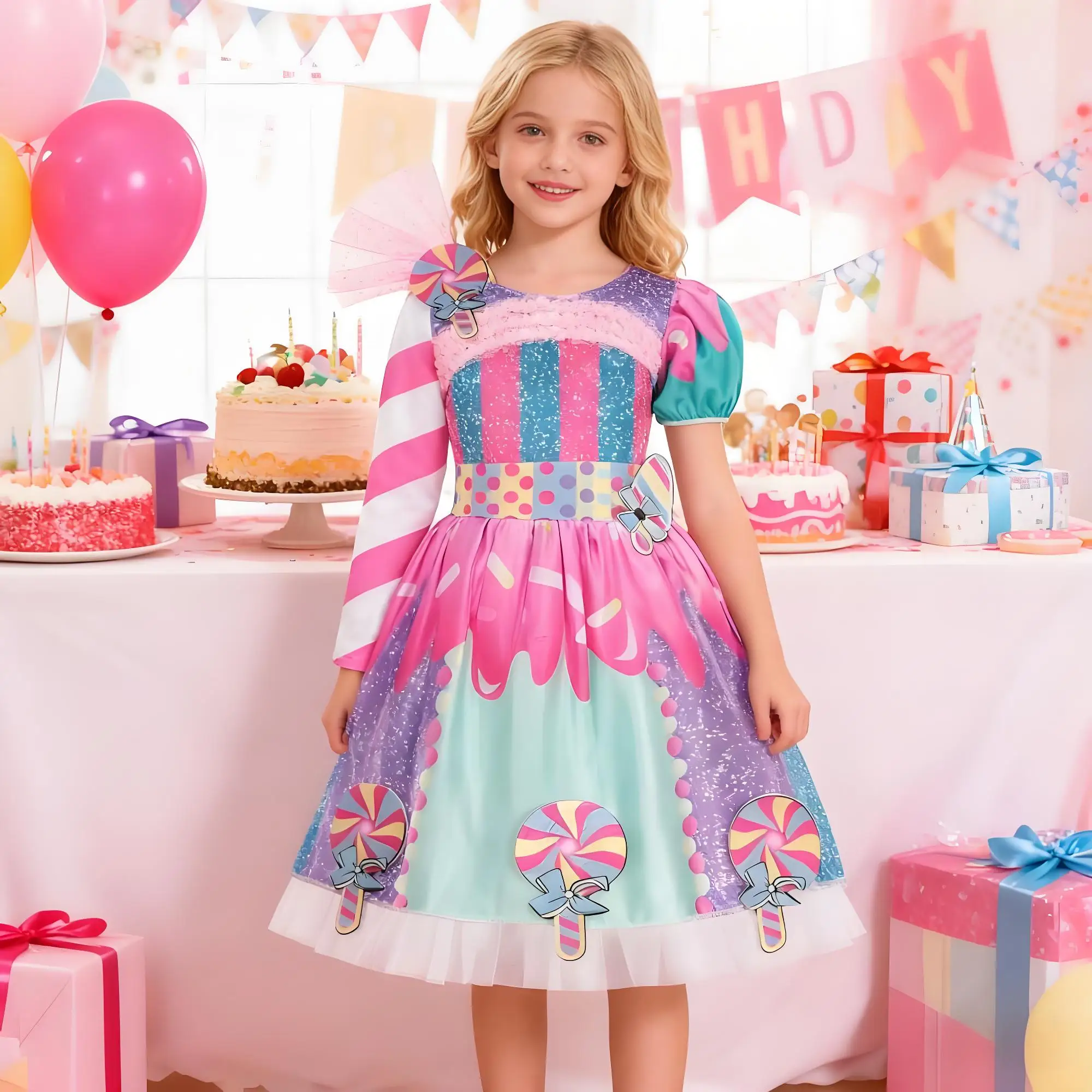 

2025 Girls Purim Festival Lollipop Costume Chidrens Puff Sleeve Candy Costume Kids Sweet Lollipop Print Birthday Party Dresses