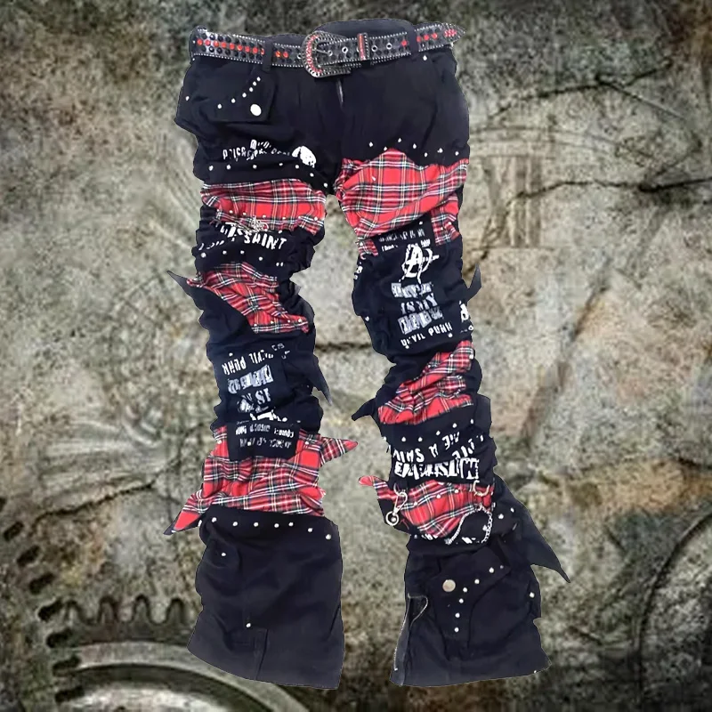 2026 Jeans Streetwear Autumn Winter Kill Matt Punk Rock  Japanese hole Skull Pattern Plaid Rivet Pants neutral Womens