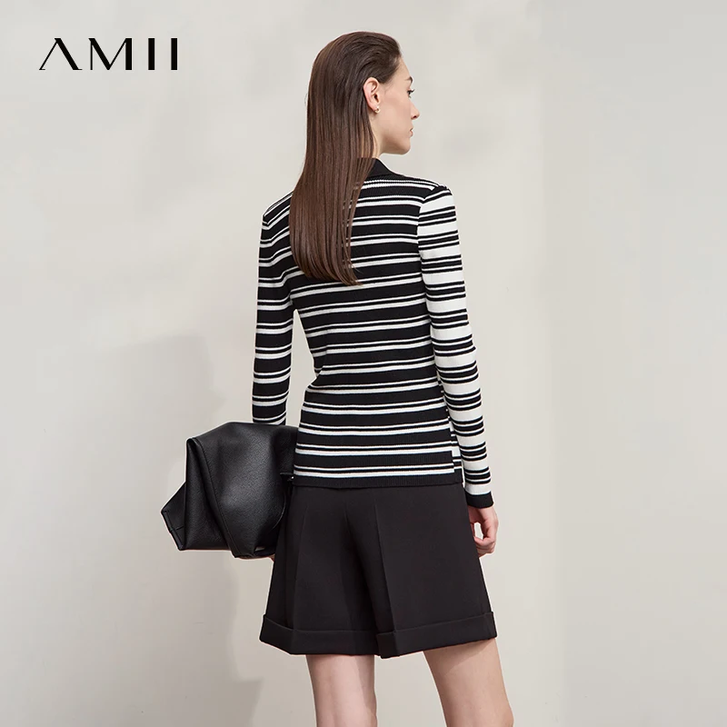 AMII Damski Sweter Jesień 2025 Nowa Odzież Damska Dekolt V Patchwork Paski Codzienny Dzianinowy Długi Rękaw Bluzki Dla Kobiet 12543158