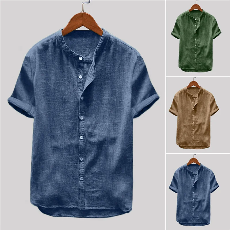 

Men Casual Solid Color Short Sleeve Cotton Linen Button Down Beach Loose Shirt Soft And Skin-Friendly Perfect Gifts Men's Shirt