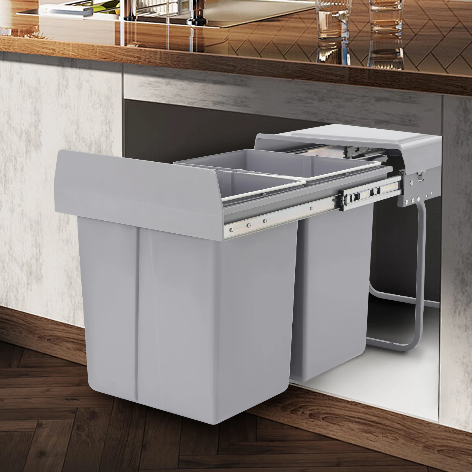 

2ｘ20L Under-Counter Pull-out Kitchen Trash Can,Sliding Kitchen Recycle Waste Bin