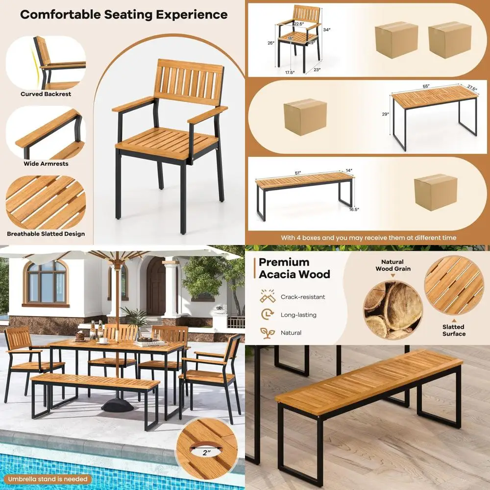 

6-Piece Acacia Wood Patio Dining Set with Bench for 6-7 People, Ideal for Garden, Backyard, or Poolside