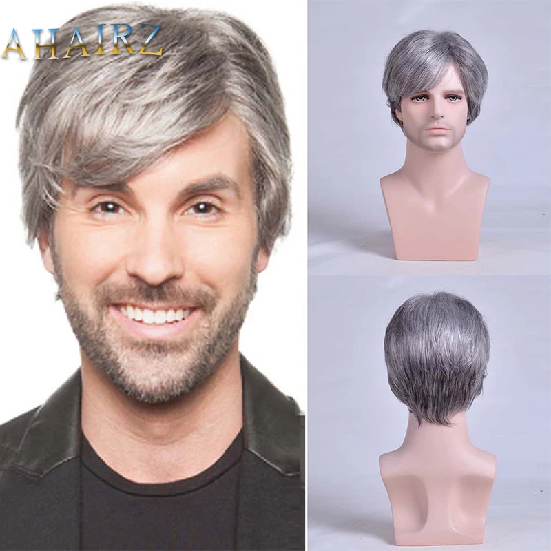 

Men Short Synthetic Wigs for Men's Daily Grey Wig Ombre Male Curly Realistic Wig Heat Resistant Breathable